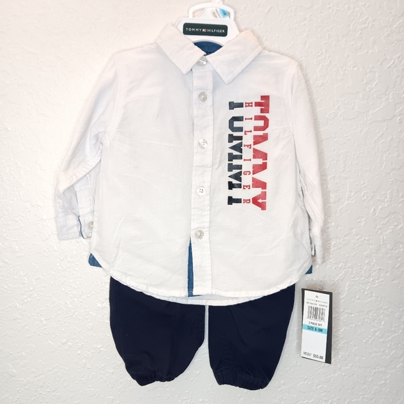 2pc Tommy Hilfiger long sleeve button-up shirt with navy blue pants for baby boy - Picture 9 of 15